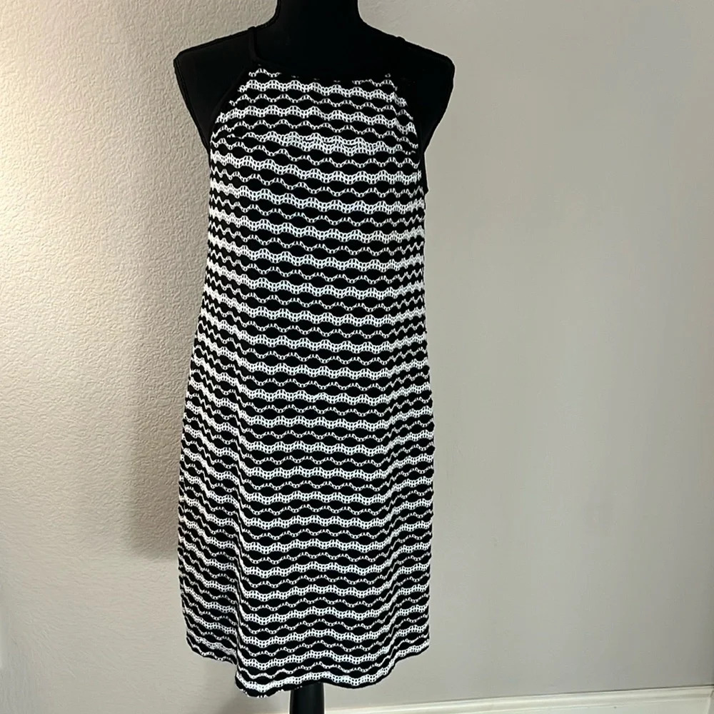 Black White Crochet Lined Summer Lightweight Knee Casual Dress Halter Top Medium